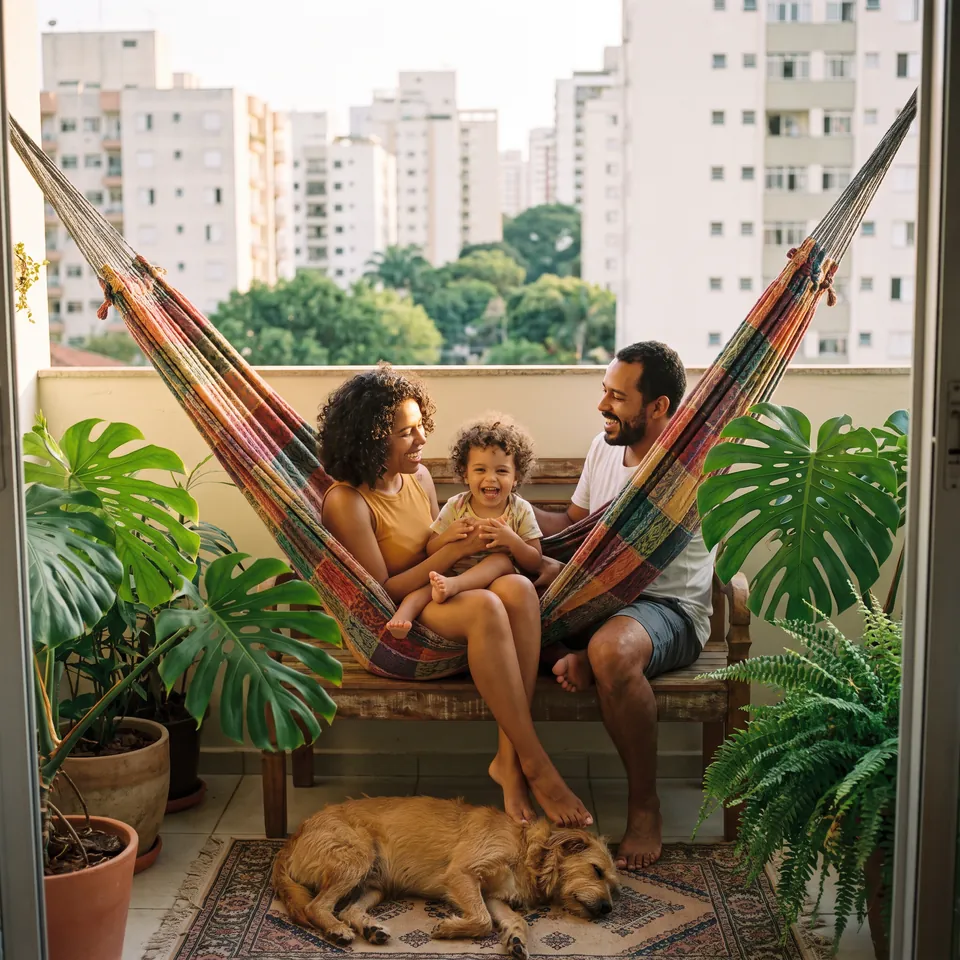 Família sorrindo na rede da varanda do apartamento, com plantas e o cachorro dormindo no chão